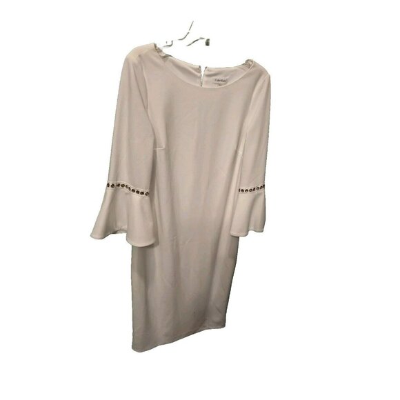 Calvin Klein Dress Size 14 Flutter Sleeve White Cotton Wedding Summer Gold Trim - Picture 2 of 4